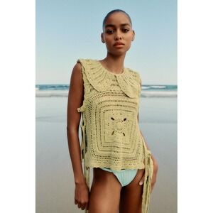 Zara Crochet Knit Green Collared Top Size Small